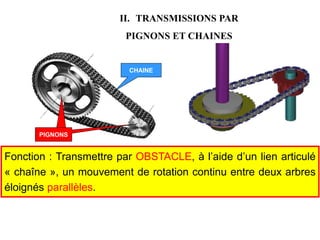 II. TRANSMISSIONS PAR
PIGNONS ET CHAINES
Fonction : Transmettre par OBSTACLE, à l’aide d’un lien articulé
« chaîne », un mouvement de rotation continu entre deux arbres
éloignés parallèles.
POULIES
PIGNONS
CHAINE
 