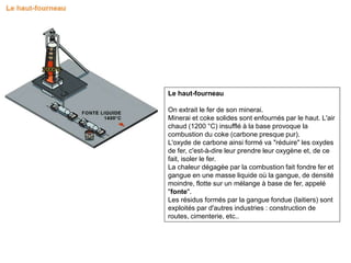 Le haut-fourneau
On extrait le fer de son minerai.
Minerai et coke solides sont enfournés par le haut. L'air
chaud (1200 °C) insufflé à la base provoque la
combustion du coke (carbone presque pur).
L'oxyde de carbone ainsi formé va "réduire" les oxydes
de fer, c'est-à-dire leur prendre leur oxygène et, de ce
fait, isoler le fer.
La chaleur dégagée par la combustion fait fondre fer et
gangue en une masse liquide où la gangue, de densité
moindre, flotte sur un mélange à base de fer, appelé
"fonte".
Les résidus formés par la gangue fondue (laitiers) sont
exploités par d'autres industries : construction de
routes, cimenterie, etc..
 