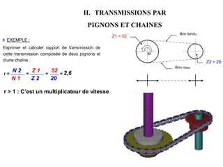 EXEMPLE :
Exprimer et calculer rapport de transmission de
cette transmission composée de deux pignons et
d’une chaîne :
Brin tendu
Brin mou
Z2 = 20
Z1 = 52
M
r = = = =
N 2
N 1
Z 1
Z 2
52
20
2,6
r > 1 : C’est un multiplicateur de vitesse
II. TRANSMISSIONS PAR
PIGNONS ET CHAINES
 
