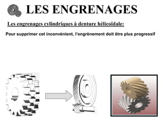 LES ENGRENAGES
Les engrenages cylindriques à denture hélicoïdale:
Pour supprimer cet inconvénient, l’engrènement doit être plus progressif
 