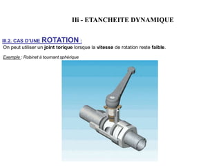IIi - ETANCHEITE DYNAMIQUE
III.2. CAS D’UNE ROTATION :
On peut utiliser un joint torique lorsque la vitesse de rotation reste faible.
Exemple : Robinet à tournant sphérique
 