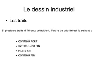 Le dessin industriel
• Les traits
Si plusieurs traits différents coïncident, l’ordre de priorité est le suivant :
• CONTINU FORT
• INTERROMPU FIN
• MIXTE FIN
• CONTINU FIN
 