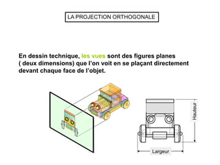 En dessin technique, les vues sont des figures planes
( deux dimensions) que l’on voit en se plaçant directement
devant chaque face de l’objet.
Largeur
Hauteur
LA PROJECTION ORTHOGONALE
 