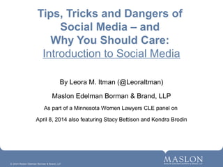 © 2014 Maslon Edelman Borman & Brand, LLP
Tips, Tricks and Dangers of
Social Media – and
Why You Should Care:
Introduction to Social Media
By Leora M. Itman (@LeoraItman)
Maslon Edelman Borman & Brand, LLP
As part of a Minnesota Women Lawyers CLE panel on
April 8, 2014 also featuring Stacy Bettison and Kendra Brodin
 