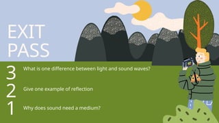 EXIT
PASS
What is one difference between light and sound waves?
3
2
1
Give one example of reflection
Why does sound need a medium?
 
