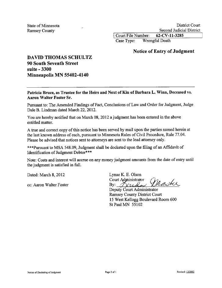 Docs 874934 v1 foster notice of entry of judgment