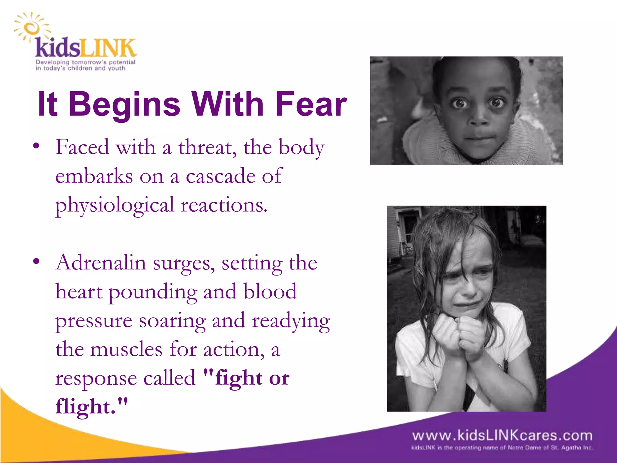 It Begins With Fear
• Faced with a threat, the body
  embarks on a cascade of
  physiological reactions.

• Adrenalin surges, setting the
  heart pounding and blood
  pressure soaring and readying
  the muscles for action, a
  response called "fight or
  flight."
 
