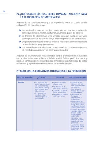 20
2.6 ¿QUÉ CARACTERÍSTICAS DEBEN TOMARSE EN CUENTA PARA
LA ELABORACIÓN DE MATERIALES?
Algunas de las consideraciones que es importante tomar en cuenta para la
elaboración de materiales son:
Ǡ Los materiales que se empleen serán de uso común y fáciles de
conseguir: resistol, tijeras, cartulinas, plumines, papel de colores.
Ǡ La técnica de elaboración será sencilla para que cualquier persona
pueda producirlos aunque no tenga amplia experiencia en esta materia.
Ǡ De preferencia deberá evitarse emplear materiales cuyo uso requiera
de instalaciones y equipo costoso.
Ǡ Los materiales estarán diseñados para tener un uso constante, emplearse
en repetidas ocasiones y en diversas actividades.
Algunos de los materiales más utilizados para la promoción de actividades
con adolescentes son: volante, rotafolio, cartel, folleto, periódico mural y
radio. A continuación se describen las principales características de estos
materiales y algunas recomendaciones para su elaboración.
2.7 MATERIALES EDUCATIVOS UTILIZADOS EN LA PROMOCIÓN
Tipo de material ¿Qué es? Utilidad Recomendaciones
Volante •Es una hoja de
papel que contiene
un texto informa-
tivo breve, claro y
preciso con una
idea central.
•Es uno de los
medios más
eficaces para la
promoción.
•Convence sobre
alguna idea.
•Da a conocer y
difunde un servicio.
•Trata de persuadir
hacia un cambio.
•Despierta el interés
sobre un tema.
•Identificar las
razones por las
que se selecciona
un volante.
•Los avisos o
frases deben ser
movilizadoras.
•No utilizar un
lenguaje
impersonal e
impositivo.
•Personalizar el
mensaje para que
los y las adoles-
centes se sientan
tomados en cuenta.
•El texto debe ser
sencillo, claro, con
frases cortas e
información
ordenada.
•Destacar con
gráficos o letras
grandes la idea
principal.
•Anotar los datos
completos de la
institución que
convoca.
 