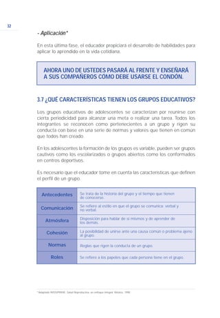 32
AHORA UNO DE USTEDES PASARÁ AL FRENTE Y ENSEÑARÁ
A SUS COMPAÑEROS CÓMO DEBE USARSE EL CONDÓN.
- Aplicación*
En esta última fase, el educador propiciará el desarrollo de habilidades para
aplicar lo aprendido en la vida cotidiana.
3.7 ¿QUÉ CARACTERÍSTICAS TIENEN LOS GRUPOS EDUCATIVOS?
Los grupos educativos de adolescentes se caracterizan por reunirse con
cierta periodicidad para alcanzar una meta o realizar una tarea. Todos los
integrantes se reconocen como pertenecientes a un grupo y rigen su
conducta con base en una serie de normas y valores que tienen en común
que todos han creado.
En los adolescentes la formación de los grupos es variable, pueden ser grupos
cautivos como los escolarizados o grupos abiertos como los conformados
en centros deportivos.
Es necesario que el educador tome en cuenta las características que definen
el perfil de un grupo.
*Adaptado IMSS/PRIME. Salud Reproductiva, un enfoque integral. México, 1998.
Antecedentes
Comunicación
Atmósfera
Cohesión
Normas
Roles
Se trata de la historia del grupo y el tiempo que tienen
de conocerse.
Se refiere al estilo en que el grupo se comunica: verbal y
no verbal.
Disposición para hablar de sí mismos y de aprender de
los demás.
La posibilidad de unirse ante una causa común o problema ajeno
al grupo.
Reglas que rigen la conducta de un grupo.
Se refiere a los papeles que cada persona tiene en el grupo.
 