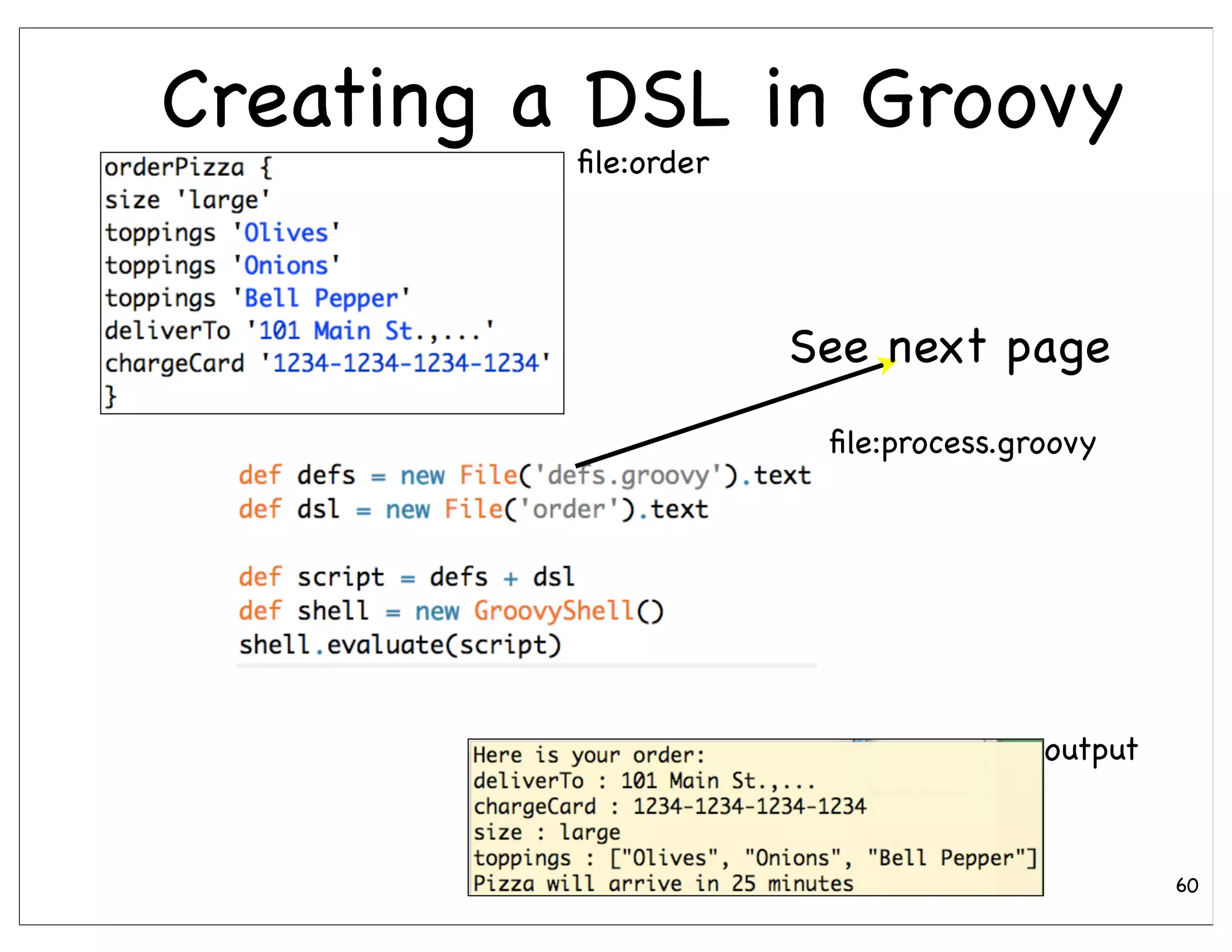 Creating a DSL in Groovy
          ﬁle:order




                      See next page
                       ﬁle:process.groovy




                                     output



                                              60
 