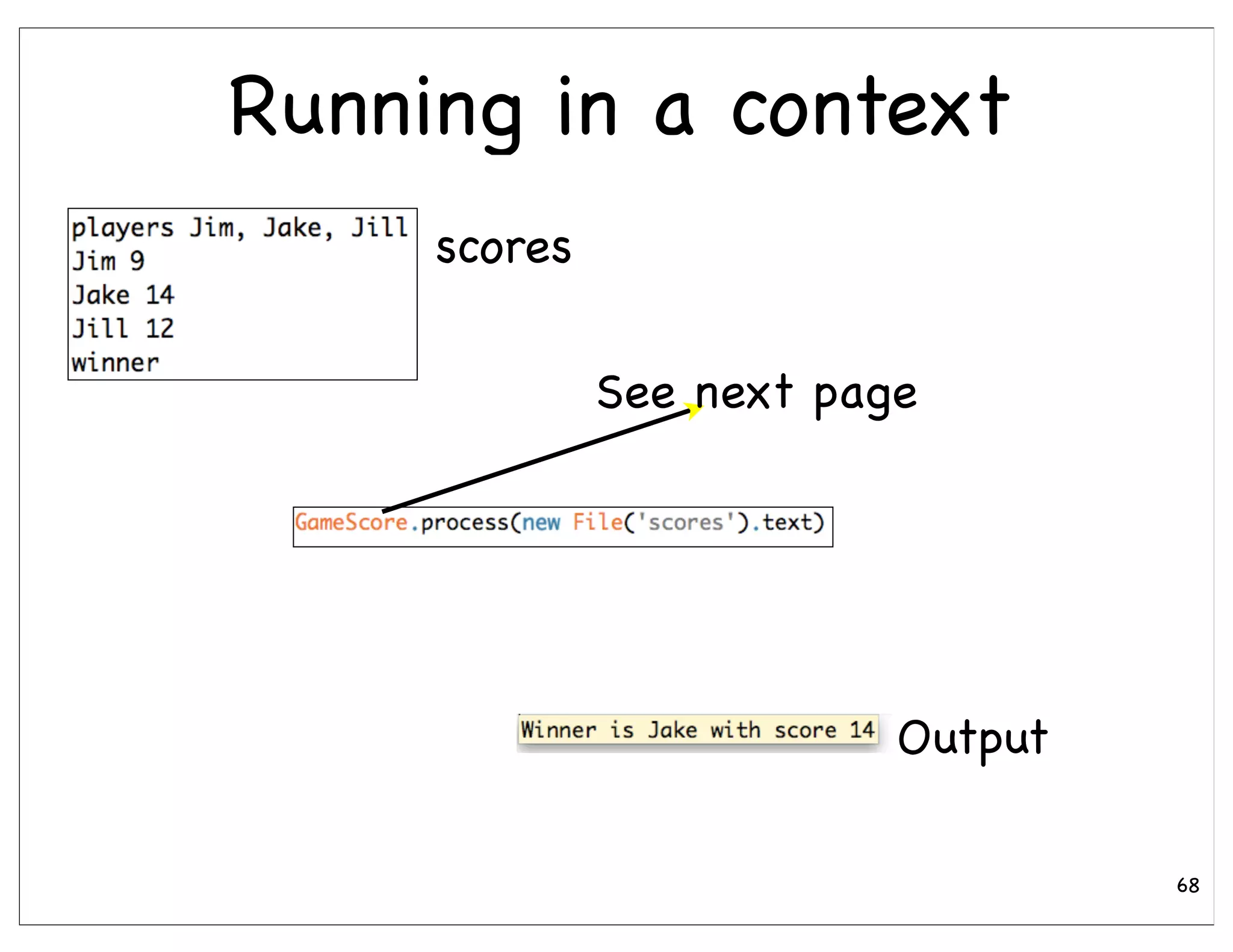 Running in a context
     scores

              See next page




                          Output

                                   68
 