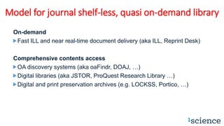 Model for journal shelf-less, quasi on-demand library
On-demand
Fast ILL and near real-time document delivery (aka ILL, Reprint Desk)
Comprehensive contents access
OA discovery systems (aka oaFindr, DOAJ, …)
Digital libraries (aka JSTOR, ProQuest Research Library …)
Digital and print preservation archives (e.g. LOCKSS, Portico, …)
 
