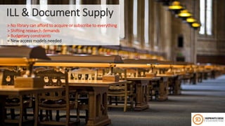 ILL & Document Supply
> No library can afford to acquire or subscribe to everything
> Shifting research demands
> Budgetary constraints
= New access models needed
 