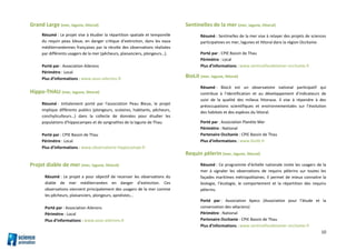 10
Grand Large (mer, lagune, littoral)
Résumé : Le projet vise à étudier la répartition spatiale et temporelle
du requin peau bleue, en danger critique d’extinction, dans les eaux
méditerranéennes françaises par la récolte des observations réalisées
par différents usagers de la mer (pêcheurs, plaisanciers, plongeurs…).
Porté par : Association Ailerons
Périmètre : Local
Plus d’informations : www.asso-ailerons.fr
Hippo-THAU (mer, lagune, littoral)
Résumé : Initialement porté par l'association Peau Bleue, le projet
implique différents publics (plongeurs, scolaires, habitants, pêcheurs,
conchyliculteurs…) dans la collecte de données pour étudier les
populations d'hippocampes et de syngnathes de la lagune de Thau.
Porté par : CPIE Bassin de Thau
Périmètre : Local
Plus d’informations : www.observatoire-hippocampe.fr
Projet diable de mer (mer, lagune, littoral)
Résumé : Le projet a pour objectif de recenser les observations du
diable de mer méditerranéen en danger d’extinction. Ces
observations viennent principalement des usagers de la mer comme
les pêcheurs, plaisanciers, plongeurs, apnéistes...
Porté par : Association Ailerons
Périmètre : Local
Plus d’informations : www.asso-ailerons.fr
Sentinelles de la mer (mer, lagune, littoral)
Résumé : Sentinelles de la mer vise à relayer des projets de sciences
participatives en mer, lagunes et littoral dans la région Occitanie.
Porté par : CPIE Bassin de Thau
Périmètre : Local
Plus d’informations : www.sentinellesdelamer-occitanie.fr
BioLit (mer, lagune, littoral)
Résumé : BioLit est un observatoire national participatif qui
contribue à l’identification et au développement d’indicateurs de
suivi de la qualité des milieux littoraux. Il vise à répondre à des
préoccupations scientifiques et environnementales sur l’évolution
des habitats et des espèces du littoral.
Porté par : Association Planète Mer
Périmètre : National
Partenaire Occitanie : CPIE Bassin de Thau
Plus d’informations : www.biolit.fr
Requin pèlerin (mer, lagune, littoral)
Résumé : Ce programme d’échelle nationale invite les usagers de la
mer à signaler les observations de requins pèlerins sur toutes les
façades maritimes métropolitaines. Il permet de mieux connaitre la
biologie, l’écologie, le comportement et la répartition des requins
pèlerins.
Porté par : Association Apecs (Association pour l’étude et la
conservation des sélaciens)
Périmètre : National
Partenaire Occitanie : CPIE Bassin de Thau
Plus d’informations : www.sentinellesdelamer-occitanie.fr
 