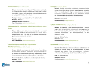 9
Inventaire Fac' (faune et flore locales)
Résumé : Inventaire Fac’ est un dispositif d’observatoires participatifs
où le public étudiant réalise un inventaire de la faune et de la flore de
son campus. L’objectif est de sensibiliser les étudiants à la protection
et au respect de la biodiversité ordinaire.
Porté par : Groupe naturaliste de l'Université de Montpellier
Périmètre : National
Partenaire Occitanie : BiodiverCity
Plus d’informations : www.inventairefac.com
Observatoire du Patrimoine naturel du Gard (faune et flore
locales)
Résumé : L’Observatoire du Patrimoine naturel du Gard est un outil
de partage et de diffusion des connaissances sur la nature, dans le
département du Gard. Il est piloté par un réseau de naturalistes, de
gestionnaires et d'acteurs du territoire.
Périmètre : Local
Plus d’informations : www.naturedugard.org
Observatoire naturaliste des Écosystèmes
Méditerranéens (faune et flore locales)
Résumé : L'ONEM est un espace de travail transversal ouvert à tous
les naturalistes, chercheurs, gestionnaires de l'environnement, élus
et habitants de l'espace méditerranéen pour faire avancer et diffuser
les connaissances sur la nature méditerranéenne en particulier.
Partenaires Occitanie : Tela Botanica / Les Ecologistes de l'Euzière
Périmètre : Local
Plus d’informations : www.onem-france.org
Citclops (mer, lagune, littoral)
Résumé : Financée par l’Union européenne, l’application mobile
Citclops en libre accès permet au public de photographier les masses
d’eau à leurs pieds, depuis la plage ou sur un bateau. La couleur, la
transparence et la fluorescence de ces eaux géolocalisées donnent
des informations aux chercheurs dans l’étude des océans.
Périmètre : International
Plus d’informations : www.citclops.eu
Cybelle Méditerranée (mer, lagune, littoral)
Résumé : Le programme Cybelle Méditerranée permet à tous les
usagers de la mer, amateurs ou professionnels, de s'engager pour la
faune marine (cétacés, tortues marines, raies et requins, etc.) via des
protocoles d'observation, des photo-identifications et des
expéditions en mer.
Porté par : Cybelle Planète
Périmètre : Local
Plus d’informations : www.cybelle-planete.org
OBSenMER (mer, lagune, littoral)
Résumé : OBSenMER est un réseau de collecteurs et d’utilisateurs de
données sur la faune marine et son environnement. Les outils
développés pour objectif d’aider les contributeurs à collecter,
archiver, consulter et partager des données sur la faune marine.
Porté par : Cybelle Planète
Périmètre : National
Plus d’informations : www.cybelle-planete.org
 