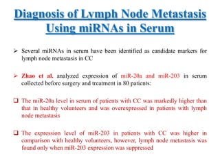 Diagnosis of Lymph Node Metastasis
Using miRNAs in Serum
 Several miRNAs in serum have been identified as candidate markers for
lymph node metastasis in CC
 Zhao et al. analyzed expression of miR-20a and miR-203 in serum
collected before surgery and treatment in 80 patients:
 The miR-20a level in serum of patients with CC was markedly higher than
that in healthy volunteers and was overexpressed in patients with lymph
node metastasis
 The expression level of miR-203 in patients with CC was higher in
comparison with healthy volunteers, however, lymph node metastasis was
found only when miR-203 expression was suppressed
 