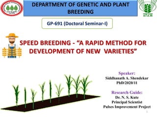 1
DEPARTMENT OF GENETIC AND PLANT
BREEDING
GP-691 (Doctoral Seminar-I)
Speaker:
Siddhanath A. Shendekar
PhD/2020/11
Research Guide:
Dr. N. S. Kute
Principal Scientist
Pulses Improvement Project
SPEED BREEDING - “A RAPID METHOD FOR
DEVELOPMENT OF NEW VARIETIES”
 