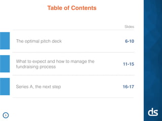What to expect and how to manage the
fundraising process
Series A, the next step
The optimal pitch deck
11-15
16-17
6-10
Slides
Table of Contents
5
 