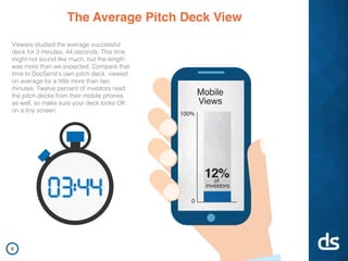 Mobile
Views
100%
0
12%
investors
of
Viewers studied the average successful
deck for 3 minutes, 44 seconds. This time
might not sound like much, but the length
was more than we expected. Compare that
time to DocSend’s own pitch deck, viewed
on average for a little more than two
minutes. Twelve percent of investors read
the pitch decks from their mobile phones
as well, so make sure your deck looks OK
on a tiny screen.
The Average Pitch Deck View
8
 