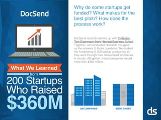 Why do some startups get
funded? What makes for the
best pitch? How does the
process work?
DocSend recently teamed up with Professor
Tom Eisenmann from Harvard Business School.
Together, we conducted research that gave
us the answers to those questions. We studied
the fundraising of 200 startup companies as
they went through their Series Seed and Series
A rounds. Altogether, these companies raised
more than $360 million.
from
$360M
Who Raised
200 Startups
What We Learned
$360M RAISED200 COMPANIES
$
 