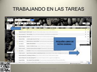 TRABAJANDO EN LAS TAREAS




                           PEQUEÑO LIBRO DE
                            NOTAS DIARIAS .




         pachoagua@gmail.com
 
