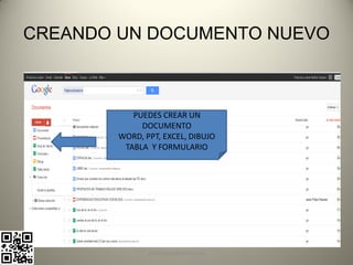 CREANDO UN DOCUMENTO NUEVO



           PUEDES CREAR UN
             DOCUMENTO
        WORD, PPT, EXCEL, DIBUJO
         TABLA Y FORMULARIO




               pachoagua@gmail.com
 