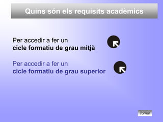 Quins són els requisits acadèmics


Per accedir a fer un
cicle formatiu de grau mitjà

Per accedir a fer un
cicle formatiu de grau superior




                                   Tornar
 