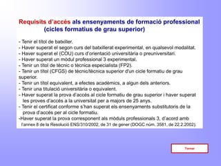 Requisits d’accés als ensenyaments de formació professional
        (cicles formatius de grau superior)
- Tenir el títol de batxiller.
- Haver superat el segon curs del batxillerat experimental, en qualsevol modalitat.
- Haver superat el (COU) curs d’orientació universitària o preuniversitari.
- Haver superat un mòdul professional 3 experimental.
- Tenir un títol de tècnic o tècnica especialista (FP2).
- Tenir un títol (CFGS) de tècnic/tècnica superior d'un cicle formatiu de grau
superior.
- Tenir un títol equivalent, a efectes acadèmics, a algun dels anteriors.
- Tenir una titulació universitària o equivalent.
- Haver superat la prova d’accés al cicle formatiu de grau superior i haver superat
  les proves d’accés a la universitat per a majors de 25 anys.
- Tenir el certificat conforme s’han superat els ensenyaments substitutoris de la
  prova d’accés per al cicle formatiu.
-Haver superat la prova corresponent als mòduls professionals 3, d’acord amb
 l’annex 8 de la Resolució ENS/310/2002, de 31 de gener (DOGC núm. 3581, de 22.2.2002).




                                                                                 Tornar
 
