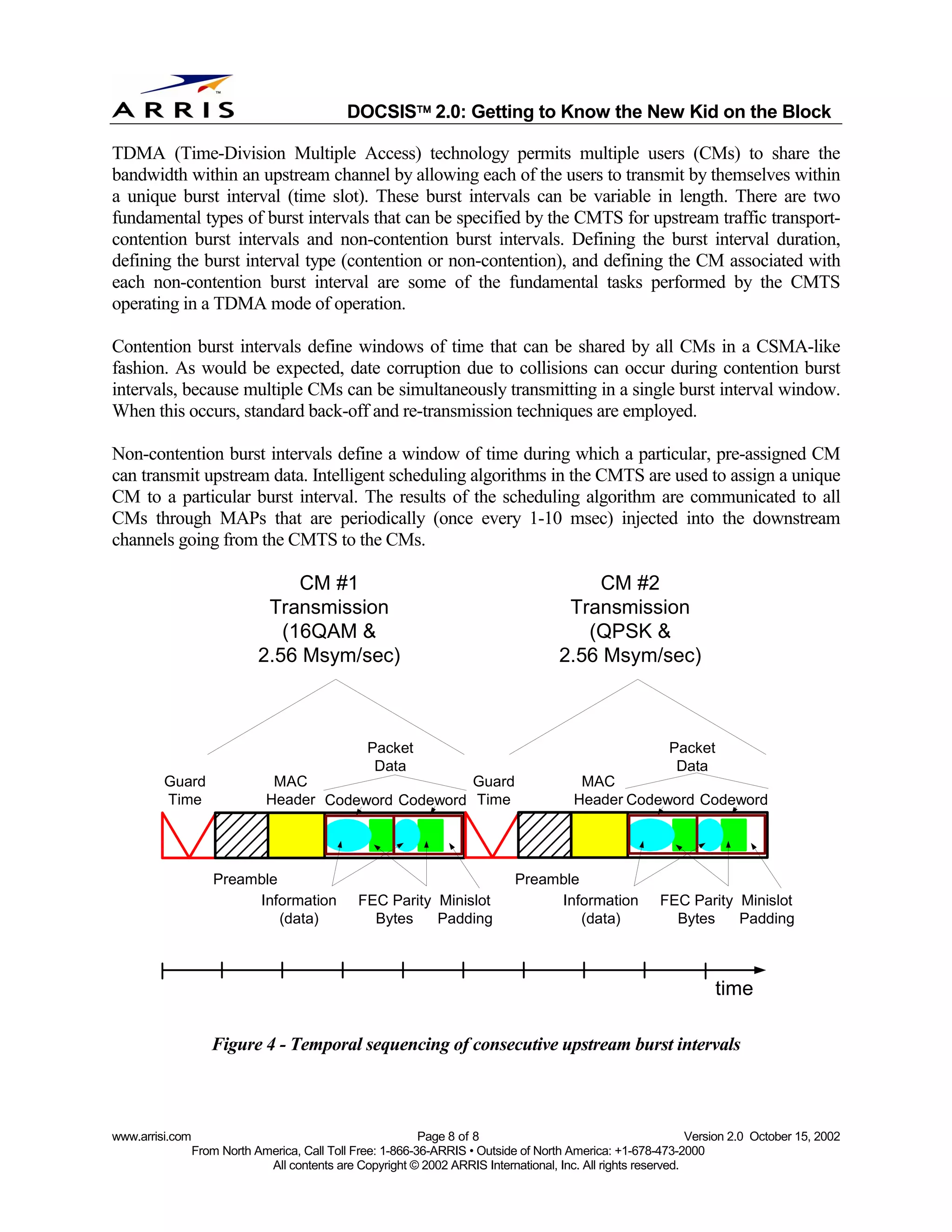 
                                              DOCSIS 2.0: Getting to Know the New Kid on the Block

TDMA (Time-Division Multiple Access) technology permits multiple users (CMs) to share the
bandwidth within an upstream channel by allowing each of the users to transmit by themselves within
a unique burst interval (time slot). These burst intervals can be variable in length. There are two
fundamental types of burst intervals that can be specified by the CMTS for upstream traffic transport-
contention burst intervals and non-contention burst intervals. Defining the burst interval duration,
defining the burst interval type (contention or non-contention), and defining the CM associated with
each non-contention burst interval are some of the fundamental tasks performed by the CMTS
operating in a TDMA mode of operation.

Contention burst intervals define windows of time that can be shared by all CMs in a CSMA-like
fashion. As would be expected, date corruption due to collisions can occur during contention burst
intervals, because multiple CMs can be simultaneously transmitting in a single burst interval window.
When this occurs, standard back-off and re-transmission techniques are employed.

Non-contention burst intervals define a window of time during which a particular, pre-assigned CM
can transmit upstream data. Intelligent scheduling algorithms in the CMTS are used to assign a unique
CM to a particular burst interval. The results of the scheduling algorithm are communicated to all
CMs through MAPs that are periodically (once every 1-10 msec) injected into the downstream
channels going from the CMTS to the CMs.

                                  CM #1                                                   CM #2
                              Transmission                                             Transmission
                                (16QAM &                                                 (QPSK &
                             2.56 Msym/sec)                                           2.56 Msym/sec)



                                                  Packet                                                  Packet
                                                   Data                                                    Data
         Guard                  MAC                     Guard                            MAC
         Time                  Header Codeword Codeword Time                            Header Codeword Codeword




                     Preamble                                                Preamble
                          Information           FEC Parity Minislot               Information            FEC Parity Minislot
                              (data)              Bytes    Padding                    (data)               Bytes    Padding



                                                                                                                   time

                    Figure 4 - Temporal sequencing of consecutive upstream burst intervals



www.arrisi.com                                              Page 8 of 8                                        Version 2.0 October 15, 2002
                 From North America, Call Toll Free: 1-866-36-ARRIS • Outside of North America: +1-678-473-2000
                              All contents are Copyright © 2002 ARRIS International, Inc. All rights reserved.
 