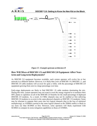 
                                              DOCSIS 2.0: Getting to Know the New Kid on the Block


                                            Fiber                                 RCVR                        CMTS Blade
                                           Node #1                                 #1

                         42 MHz
                                                                                                                     Dwn




                                                                                                                     Up

                                                                                                                     Up

                                                                                                                     Up

                                                                                                                     Up


                                                                                                                     Up

                                                                                                                     Up

                                                                                                                     Up

                                                                                                                     Up




                                      Figure 12 - Example upstream architecture B

How Will Mixes of DOCSIS 1.X and DOCSIS 2.0 Equipment Affect Near-
term and Long-term Deployments?
As DOCSIS 2.0 equipment becomes available, each system operator will evolve his or her
network in a different fashion. However, it is likely that a mix of DOCSIS 1.0, DOCSIS 1.1, and
DOCSIS 2.0 cable modems will co-exist for quite a while, with the percentage of DOCSIS 2.0
equipment growing from zero to a large percentage over time.

Early-stage deployments are likely to find DOCSIS 1.X cable modems dominating the mix.
During this time, system operators may not want to exert the energy required to re-architect their
HFC plants to capitalize on all of the DOCSIS 2.0 benefits for the small percentage of deployed
DOCSIS 2.0 modems. As a result, 6.4 MHz channels may not be enabled at first (allowing
DOCSIS 2.0 modems to co-exist in the same physical channels as DOCSIS 1.X modems). Some
may be reluctant to separate their users into two logical channels (due to the loss of statistical
multiplexing), so ATDMA (carried in the same logical channel as the TDMA traffic) is likely to
see more use than SCDMA at first. However, some operators will likely experiment with
SCDMA to compare its noise mitigation capabilities to those of ATDMA.



www.arrisi.com                                            Page 30 of 30                                        Version 2.0 October 15, 2002
                 From North America, Call Toll Free: 1-866-36-ARRIS • Outside of North America: +1-678-473-2000
                              All contents are Copyright © 2002 ARRIS International, Inc. All rights reserved.
 