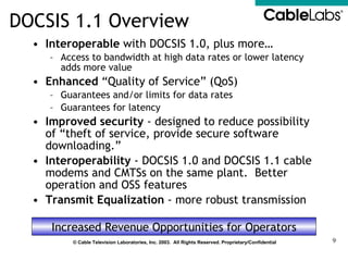 DOCSIS 1.1 Overview Interoperable  with DOCSIS 1.0, plus more… Access to bandwidth at high data rates or lower latency adds more value Enhanced  “Quality of Service” (QoS) Guarantees and/or limits for data rates Guarantees for latency Improved security  - designed to reduce possibility of “theft of service, provide secure software downloading.” Interoperability  - DOCSIS 1.0 and DOCSIS 1.1 cable modems and CMTSs on the same plant.  Better operation and OSS features Transmit Equalization  - more robust transmission Increased Revenue Opportunities for Operators 