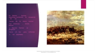 En febrero , fuerzas
españolas mantenían la ocupación
de las
tierras de la sierra central
Sur. Entonces , Simón
Bolivar
y algunas fuerzas se
dirigieron
hacia el Sur para enfrentar
a los españoles.
Document shared on https://www.docsity.com/es/batalla-de-junin-01/7496107/
Downloaded by: jl-vv (jlvvmacs@gmail.com)
 