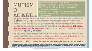 MUTISM
O
ACINÉTI
CO
• Cairns, 1941: “El estado en el cual el paciente no produce ningún sonido,
permaneciendo inerte, a excepción de su capacidad para fijar la mirada en
el examinador y seguir el movimiento de los objetos que producen sonido.
• Adams, Víctor y Romper (1997): incapacidad para iniciar respuestas verbales
o motoras de carácter voluntario. Se considera una alteración del estado
motivacional de la persona que provoca, en los pacientes que lo
presentan, apatía y acinesia.
• No hay daño en los tractos corticobulbares ni en las estructuras motoras que
pueda justificar esta acinesia; se trata más bien de una disfunción en los
sistemas cerebrales que activan a estas estructuras motoras.
• Damasio (1996), “falta la fuente de energía tanto de la acción
externa (movimiento), como de la interna (animación del
pensamiento, razonamiento)”.
(1)Existencia de estados de alerta
(2)Fijación visual en la persona examinadora
(3)Movimientos de los ojos en respuesta a
estímulos auditivos
(4)Respuestas motoras ante órdenes repetidas
(5)Esfuerzo por hablar o hablar de manera
espontánea.
Rodríguez-Bailón, María; Triviño-Mosquera, Mónica; Ruiz-Pérez, Rocío; Arnedo-Montoro, Marisa Mutismo acinético:
revisión, propuesta de protocolo neuropsicológico y aplicación a un caso Anales de Psicología, vol. 28, núm. 3, octubre,
2012, pp. 834-841 Universidad de Murcia Murcia, España
Document shared on https://www.docsity.com/es/escala-de-coma-de-glasgow-2/5588072/
Downloaded by: elian-chancusig (elianchancusig18@gmail.com)
 