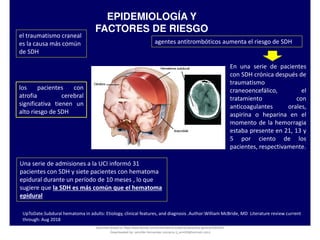 EPIDEMIOLOGÍA Y
FACTORES DE RIESGO
el traumatismo craneal
es la causa más común
de SDH
los pacientes con
atrofia cerebral
significativa tienen un
alto riesgo de SDH
Una serie de admisiones a la UCI informó 31
pacientes con SDH y siete pacientes con hematoma
epidural durante un período de 10 meses , lo que
sugiere que la SDH es más común que el hematoma
epidural
agentes antitrombóticos aumenta el riesgo de SDH
En una serie de pacientes
con SDH crónica después de
traumatismo
craneoencefálico, el
tratamiento con
anticoagulantes orales,
aspirina o heparina en el
momento de la hemorragia
estaba presente en 21, 13 y
5 por ciento de los
pacientes, respectivamente.
UpToDate.Subdural hematoma in adults: Etiology, clinical features, and diagnosis .Author:William McBride, MD Literature review current
through: Aug 2018
Document shared on https://www.docsity.com/es/hematoma-subdural-panorama-general/5322403/
Downloaded by: jennifer-fernandez-vizcarra (j_enn29@hotmail.com)
 