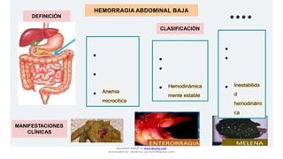 OCULTA
Lenta y
crónica
Examen de
sangre
●
●
● Anemia
microcítica
MODERADA
H. Intermitente
Melena,
Hematoquecia
●
●
● Hemodinámica
mente estable
SEVERA
H. aguda
Hematoque
cia
abundante
●
●
● Inestabilida
d
hemodinámi
ca
MANIFESTACIONES
CLÍNICAS
DEFINICIÓN
CLASIFICACIÓN
HEMORRAGIA ABDOMINAL BAJA
Document shared on www.docsity.com
Downloaded by: JesusAriza (jariza2394@gmail.com)
 