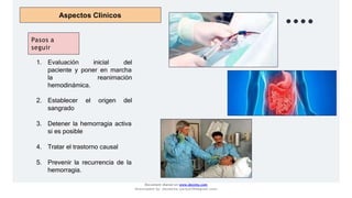 Aspectos Clinicos
Pasos a
seguir
1. Evaluación inicial del
paciente y poner en marcha
reanimación
la
hemodinámica.
2. Establecer el origen del
sangrado
3. Detener la hemorragia activa
si es posible
4. Tratar el trastorno causal
5. Prevenir la recurrencia de la
hemorragia.
Document shared on www.docsity.com
Downloaded by: JesusAriza (jariza2394@gmail.com)
 
