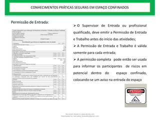  O Supervisor de Entrada ou profissional
qualificado, deve emitir a Permissão de Entrada
e Trabalho antes do início das atividades;
 A Permissão de Entrada e Trabalho é válida
somente para cada entrada;
 A permissão completa pode então ser usada
para informar os participantes de riscos em
potencial dentro do espaço confinado,
colocando-se um aviso na entrada do espaço
Permissão de Entrada:
CONHECIMENTOS PRÁTICAS SEGURAS EM ESPAÇO CONFINADOS
Document shared on www.docsity.com
Downloaded by: leal-safety (lealsafety@gmail.com)
 