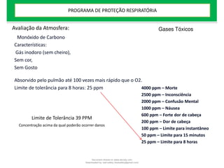 Características:
Gás inodoro (sem cheiro),
Sem cor,
Sem Gosto
Absorvido pelo pulmão até 100 vezes mais rápido que o O2.
Limite de tolerância para 8 horas: 25 ppm
Monóxido de Carbono
Avaliação da Atmosfera:
4000 ppm – Morte
2500 ppm – Inconsciência
2000 ppm – Confusão Mental
1000 ppm – Náusea
600 ppm – Forte dor de cabeça
200 ppm – Dor de cabeça
100 ppm – Limite para instantâneo
50 ppm – Limite para 15 minutos
25 ppm – Limite para 8 horas
Limite de Tolerância 39 PPM
Concentração acima da qual poderão ocorrer danos
Gases Tóxicos
PROGRAMA DE PROTEÇÃO RESPIRATÓRIA
Document shared on www.docsity.com
Downloaded by: leal-safety (lealsafety@gmail.com)
 