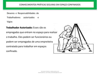 Deveres e Responsabilidades de
Trabalhadores autorizados e
Vigias
Trabalhador Autorizado: Esses são os
empregados que entram no espaço para realizar
o trabalho. Eles podem ser funcionários ou
podem ser empregados de uma empreiteira
contratada para trabalhar em espaços
confinado.
CONHECIMENTOS PRÁTICAS SEGURAS EM ESPAÇO CONFINADOS
Document shared on www.docsity.com
Downloaded by: leal-safety (lealsafety@gmail.com)
 