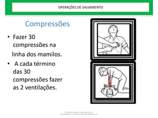 Compressões
• Fazer 30
compressões na
linha dos mamilos.
• A cada término
das 30
compressões fazer
as 2 ventilações.
OPERAÇÕES DE SALVAMENTO
Document shared on www.docsity.com
Downloaded by: leal-safety (lealsafety@gmail.com)
 