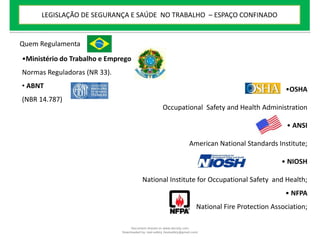 Quem Regulamenta
•Ministério do Trabalho e Emprego
Normas Reguladoras (NR 33).
• ABNT
(NBR 14.787)
•OSHA
Occupational Safety and Health Administration
• ANSI
American National Standards Institute;
• NIOSH
National Institute for Occupational Safety and Health;
• NFPA
National Fire Protection Association;
LEGISLAÇÃO DE SEGURANÇA E SAÚDE NO TRABALHO – ESPAÇO CONFINADO
Document shared on www.docsity.com
Downloaded by: leal-safety (lealsafety@gmail.com)
 