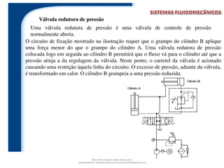 Válvula redutora de pressão
Uma válvula redutora de pressão é uma válvula de controle de pressão
normalmente aberta.
O circuito de fixação mostrado na ilustração requer que o grampo do cilindro B aplique
uma força menor do que o grampo do cilindro A. Uma válvula redutora de pressão
colocada logo em seguida ao cilindro B permitirá que o fluxo vá para o cilindro até que a
pressão atinja a da regulagem da válvula. Neste ponto, o carretel da válvula é acionado
causando uma restrição àquela linha do circuito. O excesso de pressão, adiante da válvula,
é transformado em calor. O cilindro B grampeia a uma pressão reduzida.
Document shared on www.docsity.com
Downloaded by: fernando-felipe-junior (junior101092@gmail.com)
 