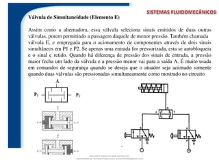 Válvula de Simultaneidade (Elemento E)
Assim como a alternadora, essa válvula seleciona sinais emitidos de duas outras
válvulas, porem permitindo a passagem daquele de menor pressão. Também chamada
válvula E, e empregada para o acionamento de componentes através de dois sinais
simultâneos em P1 e P2. Se apenas uma entrada for pressurizada, esta se autobloqueia
e o sinal e retido. Quando há diferença de pressão dos sinais de entrada, a pressão
maior fecha um lado da válvula e a pressão menor vai para a saída A. É muito usada
em comandos de segurança quando se deseja que o atuador seja acionado somente
quando duas válvulas são pressionadas simultaneamente como mostrado no circuito
Document shared on www.docsity.com
Downloaded by: fernando-felipe-junior (junior101092@gmail.com)
 