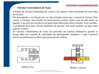 Válvulas Controladoras de Vazão
A função da válvula controladora de vazão é a de reduzir o fluxo da bomba em uma linha
do circuito.
Ela desempenha a sua função por ser uma restrição maior que a normal no sistema. Para
vencer a restrição, uma bomba de deslocamento positivo aplica uma pressão maior ao
líquido, o que provoca um desvio de parte deste fluxo para outro caminho. Este caminho
é geralmente para uma válvula limitadora de pressão, mas pode também ser para outra
parte do sistema.
As válvulas controladoras de vazão são aplicadas em sistemas hidráulicos quando se
deseja obter um controle de velocidade em determinados atuadores, o que é possível
através da diminuição do fluxo que passa por um orifício.
Orifício variávelOrifício fixo
Document shared on www.docsity.com
Downloaded by: fernando-felipe-junior (junior101092@gmail.com)
 