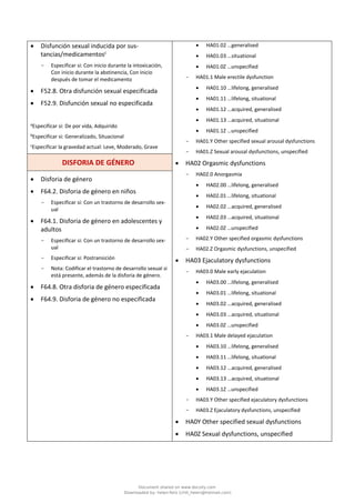 • Disfunción sexual inducida por sus-
tancias/medicamentosc
- Especificar si: Con inicio durante la intoxicación,
Con inicio durante la abstinencia, Con inicio
después de tomar el medicamento
• F52.8. Otra disfunción sexual especificada
• F52.9. Disfunción sexual no especificada
a
Especificar si: De por vida, Adquirido
b
Especificar si: Generalizado, Situacional
c
Especificar la gravedad actual: Leve, Moderado, Grave
• HA01.02 …generalised
• HA01.03 …situational
• HA01.0Z …unspecified
- HA01.1 Male erectile dysfunction
• HA01.10 …lifelong, generalised
• HA01.11 …lifelong, situational
• HA01.12 …acquired, generalised
• HA01.13 …acquired, situational
• HA01.1Z …unspecified
- HA01.Y Other specified sexual arousal dysfunctions
- HA01.Z Sexual arousal dysfunctions, unspecified
• HA02 Orgasmic dysfunctions
- HA02.0 Anorgasmia
• HA02.00 …lifelong, generalised
• HA02.01 …lifelong, situational
• HA02.02 …acquired, generalised
• HA02.03 …acquired, situational
• HA02.0Z …unspecified
- HA02.Y Other specified orgasmic dysfunctions
- HA02.Z Orgasmic dysfunctions, unspecified
• HA03 Ejaculatory dysfunctions
- HA03.0 Male early ejaculation
• HA03.00 …lifelong, generalised
• HA03.01 …lifelong, situational
• HA03.02 …acquired, generalised
• HA03.03 …acquired, situational
• HA03.0Z …unspecified
- HA03.1 Male delayed ejaculation
• HA03.10 …lifelong, generalised
• HA03.11 …lifelong, situational
• HA03.12 …acquired, generalised
• HA03.13 …acquired, situational
• HA03.1Z …unspecified
- HA03.Y Other specified ejaculatory dysfunctions
- HA03.Z Ejaculatory dysfunctions, unspecified
• HA0Y Other specified sexual dysfunctions
• HA0Z Sexual dysfunctions, unspecified
DISFORIA DE GÉNERO
• Disforia de género
• F64.2. Disforia de género en niños
- Especificar si: Con un trastorno de desarrollo sex-
ual
• F64.1. Disforia de género en adolescentes y
adultos
- Especificar si: Con un trastorno de desarrollo sex-
ual
- Especificar si: Postransición
- Nota: Codificar el trastorno de desarrollo sexual si
está presente, además de la disforia de género.
• F64.8. Otra disforia de género especificada
• F64.9. Disforia de género no especificada
Document shared on www.docsity.com
Downloaded by: helen-feliz (chili_helen@hotmail.com)
 