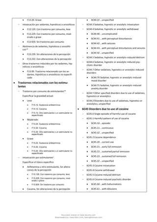 • F13.20. Grave
- Intoxicación por sedantes, hipnóticos o ansiolíticos
• F13.129. Con trastorno por consumo, leve
• F13.229. Con trastorno por consumo, mod-
erado o grave
• F13.929. Sin trastorno por consumo
- Abstinencia de sedantes, hipnóticos o ansiolíti-
cosc,d
• F13.239. Sin alteraciones de la percepción
• F13.232. Con alteraciones de la percepción
- Otros trastornos inducidos por los sedantes, hip-
nóticos o ansiolíticos
• F13.99. Trastorno relacionado con los se-
dantes, hipnóticos o ansiolíticos no especifi-
cado
• Trastornos relacionados con los estimu-
lantes
- Trastorno por consumo de estimulantesa,b
Especificar la gravedad actual:
• Leve
• F15.10. Sustancia anfetamínica
• F14.10. Cocaína
• F15.10. Otro estimulante o un estimulante no
especificado
• Moderado
• F15.20. Sustancia anfetamínica
• F14.20. Cocaína
• F15.20. Otro estimulante o un estimulante no
especificado
• Grave
• F15.20. Sustancia anfetamínica
• F14.20. Cocaína
• F15.20. Otro estimulante o un estimulante no
especificado
- Intoxicación por estimulantesc
Especificar el tóxico específico
• Anfetamina u otro estimulante, Sin altera-
ciones de la percepción
• F15.129. Con trastorno por consumo, leve
• F15.229. Con trastorno por consumo, mod-
erado o grave
• F15.929. Sin trastorno por consumo
• Cocaína, Sin alteraciones de la percepción
• 6C44.2Z …unspecified
- 6C44.3 Sedative, hypnotic or anxiolytic intoxication
- 6C44.4 Sedative, hypnotic or anxiolytic withdrawal
• 6C44.40 …uncomplicated
• 6C44.41 …with perceptual disturbances
• 6C44.42 …with seizures
• 6C44.43 …with perceptual disturbances and seizures
• 6C44.4Z …unspecified
- 6C44.5 Sedative, hypnotic or anxiolytic-induced delirium
- 6C44.6 Sedative, hypnotic or anxiolytic-induced psy-
chotic disorder
- 6C44.7 Other sedatives, hypnotics or anxiolytic-induced
disorders
• 6C44.70 Sedative, hypnotic or anxiolytic-induced
mood disorder
• 6C44.71 Sedative, hypnotic or anxiolytic-induced
anxiety disorder
- 6C44.Y Other specified disorders due to use of sedatives,
hypnotics or anxiolytics
- 6C44.Z Disorders due to use of sedatives, hypnotics or
anxiolytics, unspecified
• 6C45 Disorders due to use of cocaine
- 6C45.0 Single episode of harmful use of cocaine
- 6C45.1 Harmful pattern of use of cocaine
• 6C45.10 …episodic
• 6C45.11 …continuous
• 6C45.1Z …unspecified
- 6C45.2 Cocaine dependence
• 6C45.20 …current use
• 6C45.21 …early full remission
• 6C45.22 …sustained partial remission
• 6C45.23 …sustained full remission
• 6C45.2Z …unspecified
- 6C45.3 Cocaine intoxication
- 6C45.4 Cocaine withdrawal
- 6C45.5 Cocaine-induced delirium
- 6C45.6 Cocaine-induced psychotic disorder
• 6C45.60 …with hallucinations
• 6C45.61 …with delusions
Document shared on www.docsity.com
Downloaded by: helen-feliz (chili_helen@hotmail.com)
 