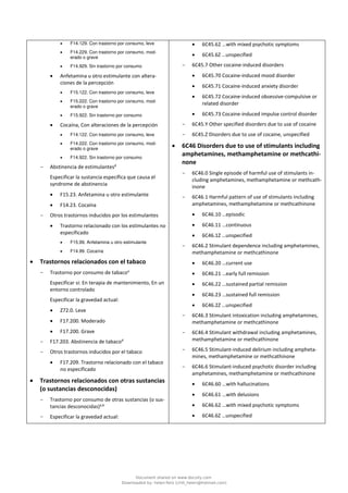 • F14.129. Con trastorno por consumo, leve
• F14.229. Con trastorno por consumo, mod-
erado o grave
• F14.929. Sin trastorno por consumo
• Anfetamina u otro estimulante con altera-
ciones de la percepción
• F15.122. Con trastorno por consumo, leve
• F15.222. Con trastorno por consumo, mod-
erado o grave
• F15.922. Sin trastorno por consumo
• Cocaína, Con alteraciones de la percepción
• F14.122. Con trastorno por consumo, leve
• F14.222. Con trastorno por consumo, mod-
erado o grave
• F14.922. Sin trastorno por consumo
- Abstinencia de estimulantesd
Especificar la sustancia específica que causa el
syndrome de abstinencia
• F15.23. Anfetamina u otro estimulante
• F14.23. Cocaína
- Otros trastornos inducidos por los estimulantes
• Trastorno relacionado con los estimulantes no
especificado
• F15.99. Anfetamina u otro estimulante
• F14.99. Cocaína
• Trastornos relacionados con el tabaco
- Trastorno por consumo de tabacoa
Especificar si: En terapia de mantenimiento, En un
entorno controlado
Especificar la gravedad actual:
• Z72.0. Leve
• F17.200. Moderado
• F17.200. Grave
- F17.203. Abstinencia de tabacod
- Otros trastornos inducidos por el tabaco
• F17.209. Trastorno relacionado con el tabaco
no especificado
• Trastornos relacionados con otras sustancias
(o sustancias desconocidas)
- Trastorno por consumo de otras sustancias (o sus-
tancias desconocidas)a,b
- Especificar la gravedad actual:
• 6C45.62 …with mixed psychotic symptoms
• 6C45.6Z …unspecified
- 6C45.7 Other cocaine-induced disorders
• 6C45.70 Cocaine-induced mood disorder
• 6C45.71 Cocaine-induced anxiety disorder
• 6C45.72 Cocaine-induced obsessive-compulsive or
related disorder
• 6C45.73 Cocaine-induced impulse control disorder
- 6C45.Y Other specified disorders due to use of cocaine
- 6C45.Z Disorders due to use of cocaine, unspecified
• 6C46 Disorders due to use of stimulants including
amphetamines, methamphetamine or methcathi-
none
- 6C46.0 Single episode of harmful use of stimulants in-
cluding amphetamines, methamphetamine or methcath-
inone
- 6C46.1 Harmful pattern of use of stimulants including
amphetamines, methamphetamine or methcathinone
• 6C46.10 …episodic
• 6C46.11 …continuous
• 6C46.1Z …unspecified
- 6C46.2 Stimulant dependence including amphetamines,
methamphetamine or methcathinone
• 6C46.20 …current use
• 6C46.21 …early full remission
• 6C46.22 …sustained partial remission
• 6C46.23 …sustained full remission
• 6C46.2Z …unspecified
- 6C46.3 Stimulant intoxication including amphetamines,
methamphetamine or methcathinone
- 6C46.4 Stimulant withdrawal including amphetamines,
methamphetamine or methcathinone
- 6C46.5 Stimulant-induced delirium including ampheta-
mines, methamphetamine or methcathinone
- 6C46.6 Stimulant-induced psychotic disorder including
amphetamines, methamphetamine or methcathinone
• 6C46.60 …with hallucinations
• 6C46.61 …with delusions
• 6C46.62 …with mixed psychotic symptoms
• 6C46.6Z …unspecified
Document shared on www.docsity.com
Downloaded by: helen-feliz (chili_helen@hotmail.com)
 