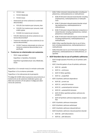 • F19.10. Leve
• F19.20. Moderado
• F19.20. Grave
- Intoxicación por otras sustancias (o sustancias
desconocidas)
• F19.129. Con trastorno por consumo, leve
• F19.229. Con trastorno por consumo, mod-
erado o grave
• F19.929. Sin trastorno por consumo
- F19.239. Abstinencia de otras sustancias (o sus-
tancias desconocidas)d
- Trastornos inducidos por otras sustancias (o sus-
tancias desconocidas)
• F19.99. Trastorno relacionado con otras sus-
tancias (o sustancias desconocidas) no es-
pecificado
• Trastornos no relacionados con sustancias
- F63.0. Juego patológicoa
Especificar si: Episódico, Persistente
Especificar la gravedad actual: Leve, Moderado,
Grave
a
Especificar si: En remisión inicial, En remisión continuada
b
Especificar si: En un entorno controlado
c
Especificar si: Con alteraciones de la percepción
d
El código CIE-10-MC indica la presencia concurrente de un
trastorno de uso de sustancias moderado o grave, que
debe estar presente a fin de aplicar el código para absti-
nencia de sustancias.
- 6C46.7 Other stimulant-induced disorders including am-
phetamines, methamphetamine or methcathinone
• 6C46.70 Stimulant-induced mood disorder including
amphetamines, methamphetamine or methcathi-
none
• 6C46.71 Stimulant-induced anxiety disorder includ-
ing amphetamines, methamphetamine or
methcathinone
• 6C46.72 Stimulant-induced obsessive-compulsive or
related disorder including amphetamines, metham-
phetamine or methcathinone
• 6C46.73 Stimulant-induced impulse control disorder
including amphetamines, methamphetamine or
methcathinone
- 6C46.Y Other specified disorders due to use of stimu-
lants including amphetamines, methamphetamine or
methcathinone
- 6C46.Z Disorders due to use of stimulants including am-
phetamines, methamphetamine or methcathinone, un-
specified
• 6C47 Disorders due to use of synthetic cathinones
- 6C47.0 Single episode of harmful use of synthetic cathi-
nones
- 6C47.1 Harmful pattern of use of synthetic cathinones
• 6C47.10 …episodic
• 6C47.11 …continuous
• 6C47.1Y Other specified…
• 6C47.1Z …unspecified
- 6C47.2 Synthetic cathinone dependence
• 6C47.20 …current use
• 6C47.21 …early full remission
• 6C47.22 …sustained partial remission
• 6C47.23 …sustained full remission
• 6C47.2Y Other specified synthetic cathinone de-
pendence
• 6C47.2Z Synthetic cathinone dependence, unspeci-
fied
- 6C47.3 Synthetic cathinone intoxication
- 6C47.4 Synthetic cathinone withdrawal
- 6C47.5 Synthetic cathinone-induced delirium
- 6C47.6 Synthetic cathinone-induced psychotic disorder
• 6C47.60 …with hallucinations
• 6C47.61 …with delusions
Document shared on www.docsity.com
Downloaded by: helen-feliz (chili_helen@hotmail.com)
 