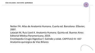 VÍAS BILIARES: ANATOMÍA QUIRURGICA
Netter FH. Atlas de Anatomía Humana. Cuarta ed. Barcelona: ElSevier;
2007.
Latarjet M, Ruiz Liard A. Anatomía Humana. Quinta ed. Buenos Aires:
Editorial Médica Panamericana; 2019.
Enciclopedia Cirugía Digestiva F. Galindo y colab. CAPITULO IV- 437
Anatomía quirúrgica de Vías Biliares
 