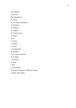 13
max: Máximo
N: Newton
Mpa: MegaPascal
Pa: Pascal
N.mm: Newton milímetros
N: Nitrogênio
O²: Oxigênio
Ar: Argônio
Po: Pressão inicial
S: Espaço
Π: Pi
T: Torque
λ: Ângulo
N: Força
L: Comprimento
∑: Somatória
Tsu: Torque do parafuso
W: Trabalho
e: Eficiência
P: Carga
r: Raio
E: Elasticidade
Nf: Fator de segurança na falha pela fratura
λ: Razão entre tensões
 